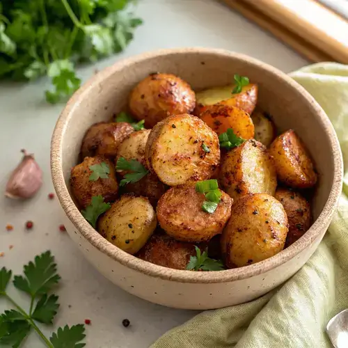 Close-up of quartered baby red potatoes in a bowl, showcasing their crispy texture and herb seasoning.