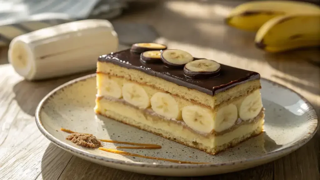 Close-up of a slice of banana éclair cake on a ceramic plate, showcasing layers of graham crackers, banana pudding, and chocolate ganache.