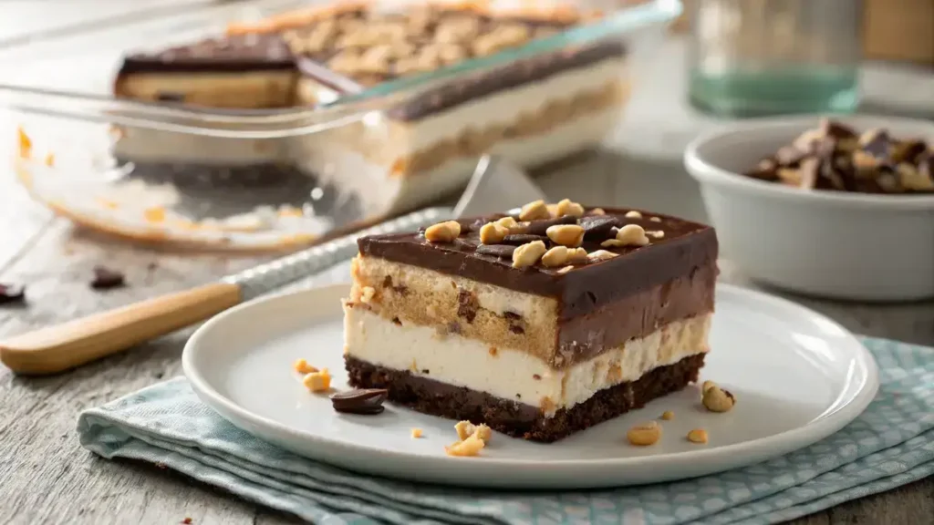 Close-up of a slice of Buster Bar Ice Cream Cake on a white plate, showcasing layers of fudge, graham crackers, and peanuts.