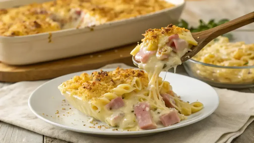 Close-up of creamy Chicken Cordon Bleu Casserole on a white plate with melted cheese and diced ham.
