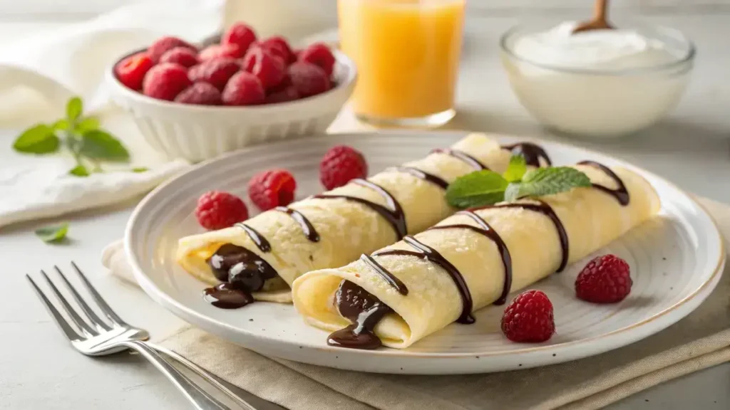Close-up of two golden crepes filled with vanilla cream and topped with dark chocolate ganache, garnished with fresh raspberries.