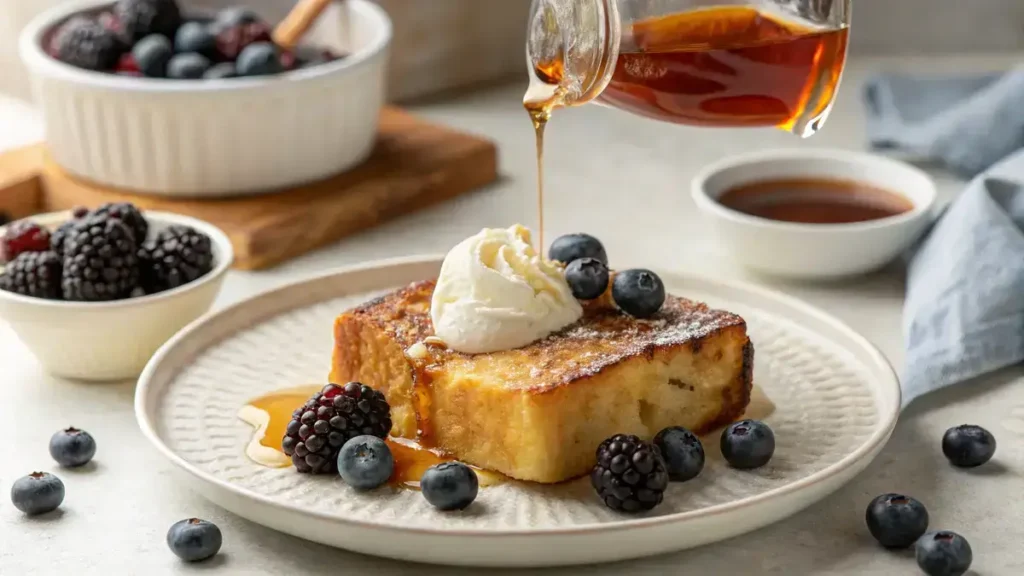 Close-up of a golden-brown French toast bake slice topped with melting whipped cream and drizzled with maple syrup, surrounded by fresh berries.