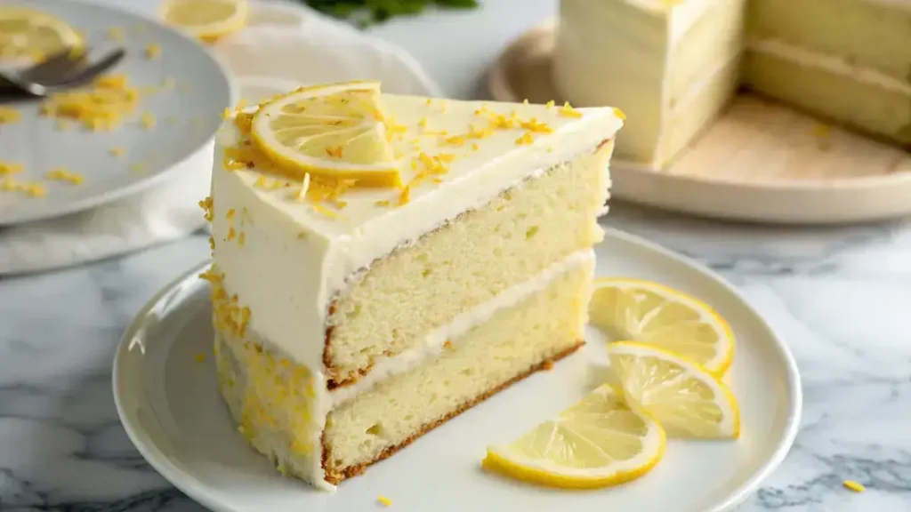 A slice of lemon velvet cake with cream cheese frosting and lemon rounds on a white plate, set against a blurred marble background.