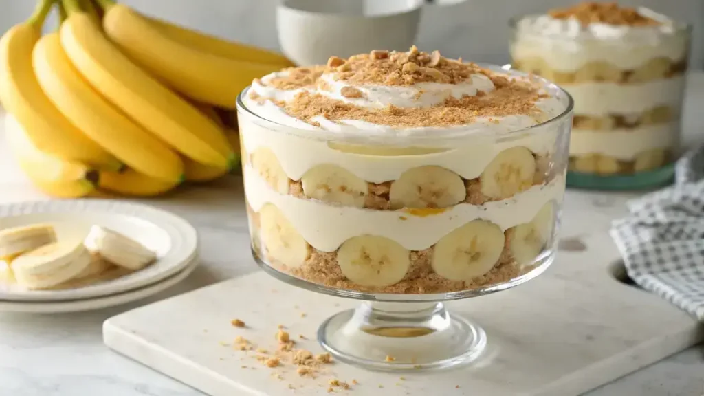 Close-up of a three-layer banana pudding dessert showcasing creamy vanilla pudding, sliced bananas, and golden vanilla wafers in a trifle dish.