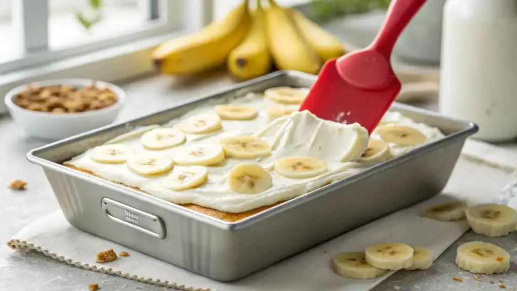 Close-up of a baking pan filled with banana slices and creamy cheesecake topping, with a red spatula spreading the topping.