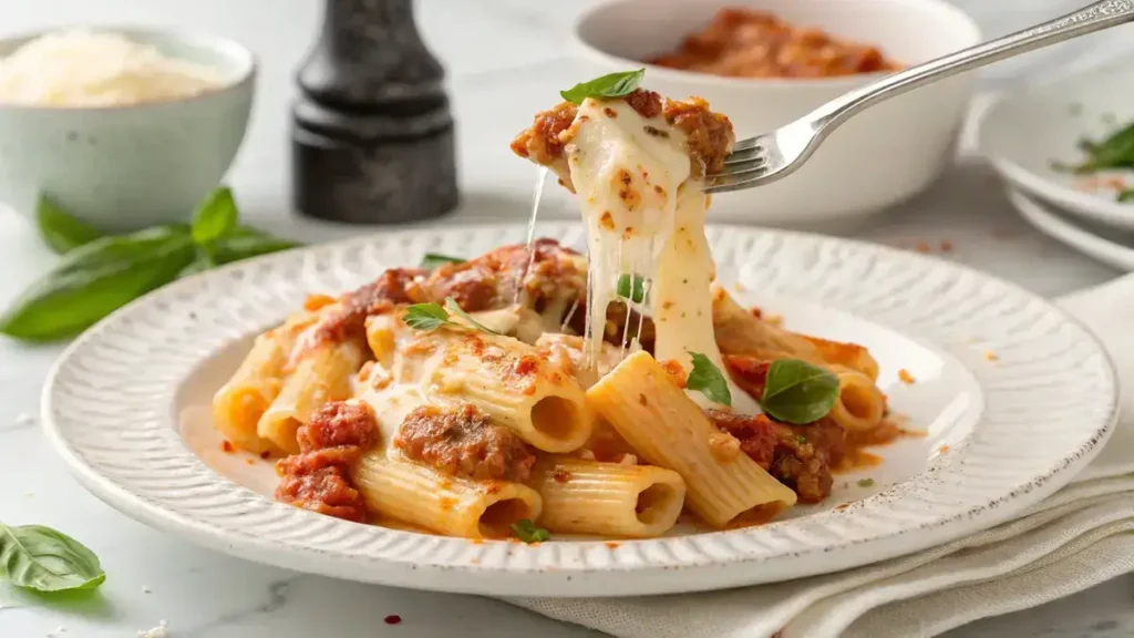 Close-up of creamy baked ziti with melted mozzarella cheese and crumbled Italian sausage on a textured white plate.