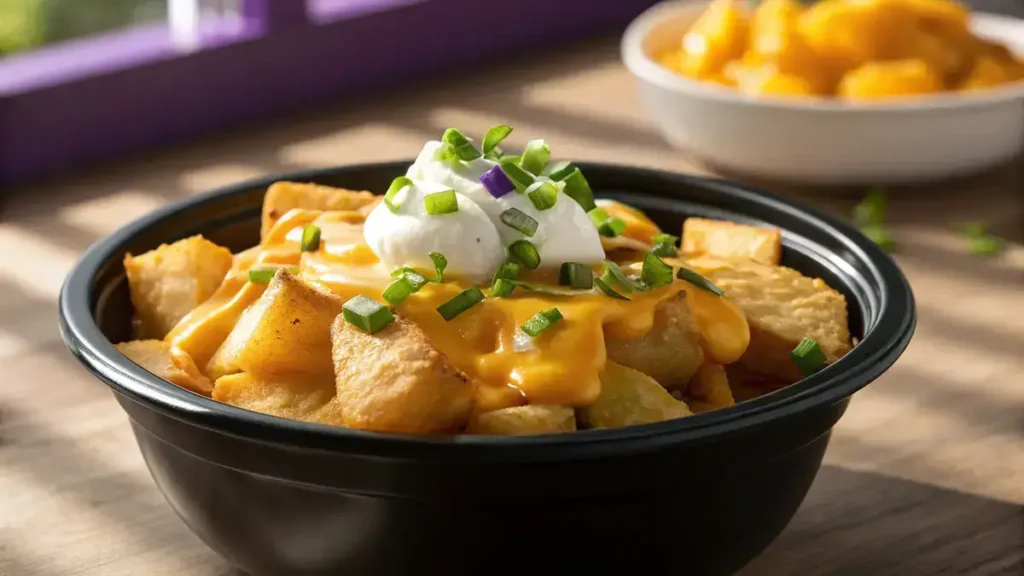 Close-up of Taco Bell Fiesta Potatoes in a black bowl, topped with nacho cheese and sour cream.