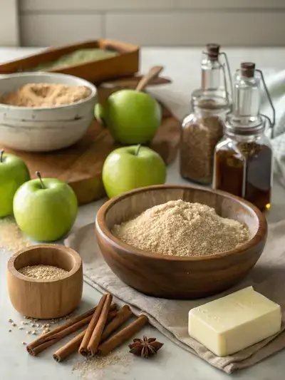 A kitchen table set with ingredients for making Apple Crisp, including apples, sugar, flour, spices, oats, butter, and vanilla extract.