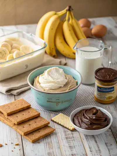 Ingredients for Banana Eclair Cake displayed on a wooden kitchen table, including pudding mix, milk, whipped topping, graham crackers, bananas, and chocolate frosting.