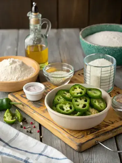 Fresh ingredients for battered jalapeno slices displayed on a wooden kitchen table.