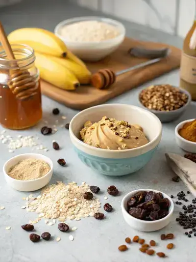 A kitchen table displaying ingredients for Breakfast Cookies, including almond butter, mashed bananas, honey, oats, and chocolate chips.