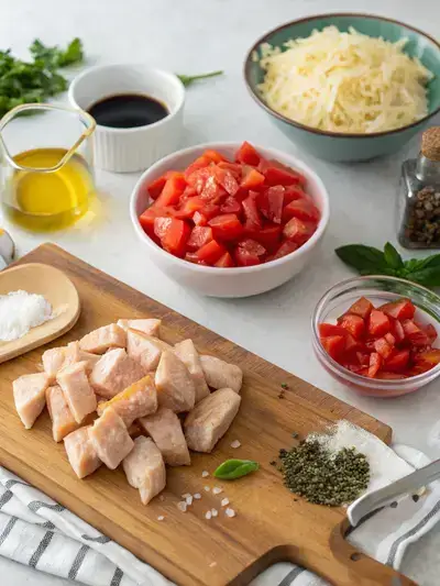 Ingredients for Bruschetta Chicken Bake displayed on a kitchen table, including chicken, tomatoes, mozzarella, and basil.