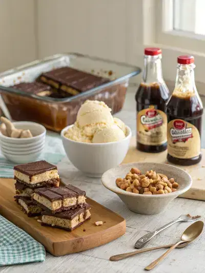 Ingredients for Buster Bar Ice Cream Cake displayed on a kitchen table, including graham crackers, vanilla ice cream, hot fudge, chocolate magic shell, and peanuts.