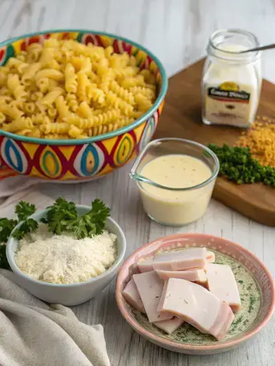 Ingredients for Chicken Cordon Bleu Casserole displayed on a kitchen table, including pasta, cream of chicken soup, cheese, and ham.