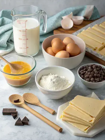 Ingredients for Cream Filled Crepes displayed on a kitchen table, including milk, cream, flour, eggs, and chocolate chips.