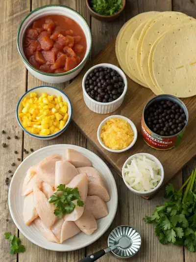 Ingredients for Crockpot Chicken Enchilada Casserole displayed on a rustic wooden table, including chicken, taco seasoning, enchilada sauce, green chiles, black beans, onion, cheese, tortilla strips, and cilantro.