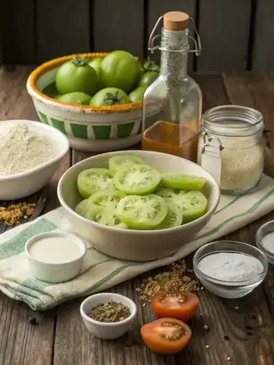 Ingredients for Fried Green Tomatoes displayed on a rustic kitchen table, including sliced green tomatoes, buttermilk, flour, cornmeal, and spices.