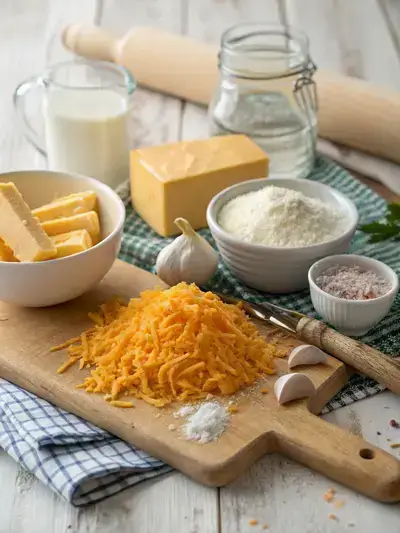 Ingredients for homemade Cheez-Its displayed on a rustic kitchen table.
