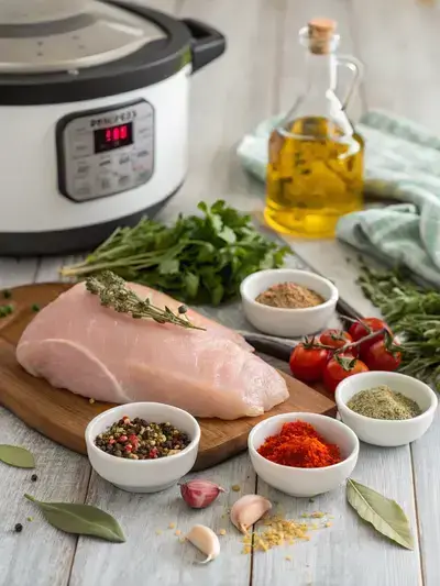 Fresh ingredients for Instant Pot Turkey Breast on a wooden kitchen table, including turkey, spices, and herbs.