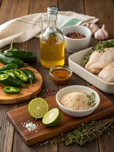 Fresh ingredients for Jamaican Jerk Chicken displayed on a wooden kitchen table, including jalapenos, vinegar, olive oil, and chicken pieces.