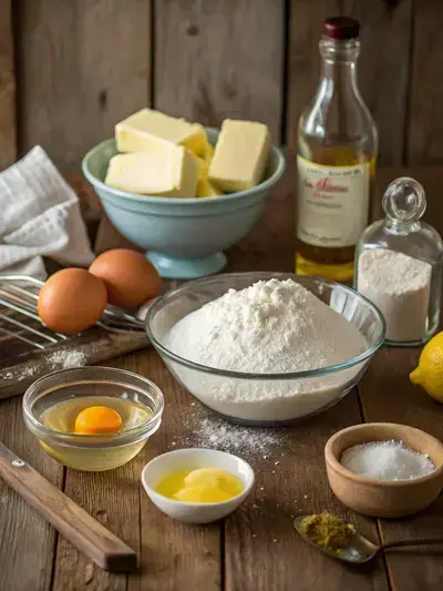 A collection of ingredients for lemon velvet cake displayed on a wooden kitchen table, including flour, sugar, butter, eggs, buttermilk, lemon juice, and fresh lemons.