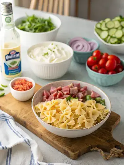 Ingredients for Loaded Bowtie Pasta Salad displayed on a kitchen table, including pasta, mayonnaise, ham, cheese, and fresh vegetables.