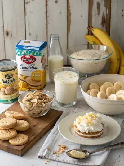 Ingredients for Magnolia Bakery Banana Pudding displayed on a kitchen table, including sweetened condensed milk, cold milk, cold water, vanilla pudding mix, Nilla Wafers, heavy whipping cream, clear vanilla flavoring, and sliced bananas.