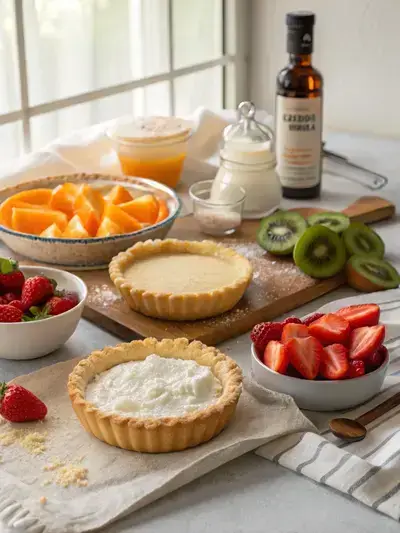 Ingredients for Mini Fruit Pies displayed on a kitchen table, including pie crusts, cream cheese, sour cream, powdered sugar, vanilla extract, and fresh fruit.