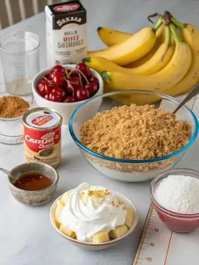 A kitchen table displaying ingredients for No Bake Banana Split Cake, including graham cracker crumbs, bananas, and cream cheese.