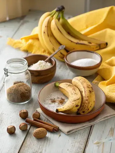 Ingredients for pan-fried bananas on a wooden table, including overripe bananas, sugar, cinnamon, and nutmeg.