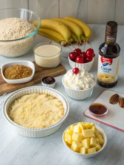 Ingredients for Pineapple Banana Cheesecake displayed on a kitchen table, including graham cracker crumbs, cream cheese, bananas, and more.