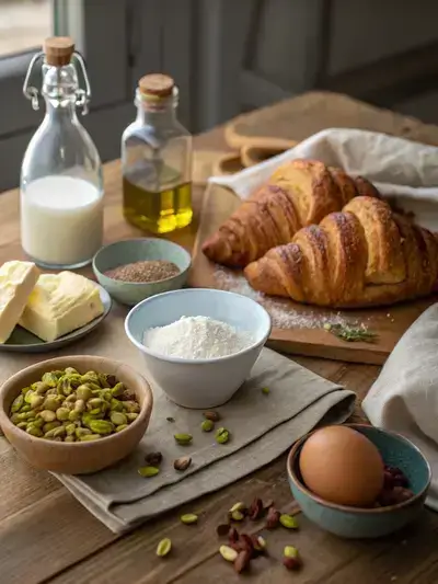 Ingredients for Pistachio Croissants displayed on a wooden kitchen table, including butter, sugar, egg, vanilla extract, salt, pistachios, and croissants.