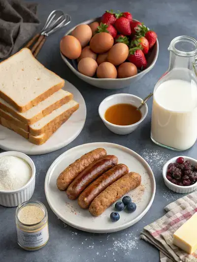 Ingredients for Sausage French Toast Roll-Ups displayed on a kitchen table, including bread, sausage, eggs, milk, and spices.
