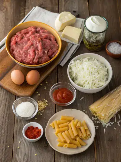 Ingredients for Slow Cooker Baked Ziti displayed on a wooden kitchen table, including sausage, cheese, pasta, and fresh basil.