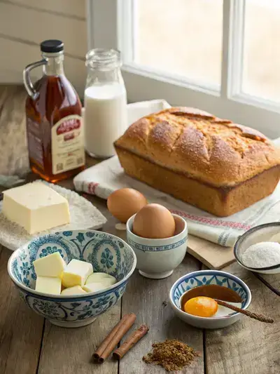 Ingredients for French Toast Bake displayed on a wooden kitchen table, including bread, sugar, eggs, milk, and spices.