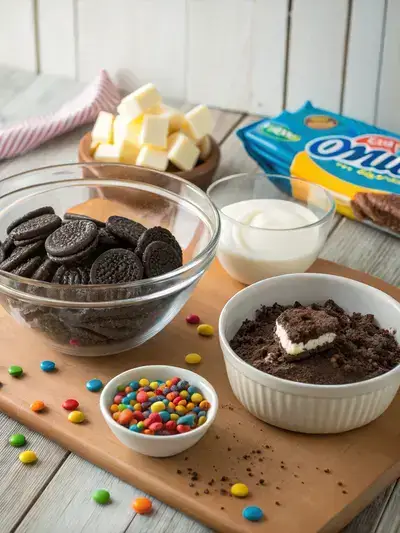 Ingredients for Dirt Pie arranged on a wooden kitchen table, including crushed Oreo cookies, cream cheese, and gummy worms.
