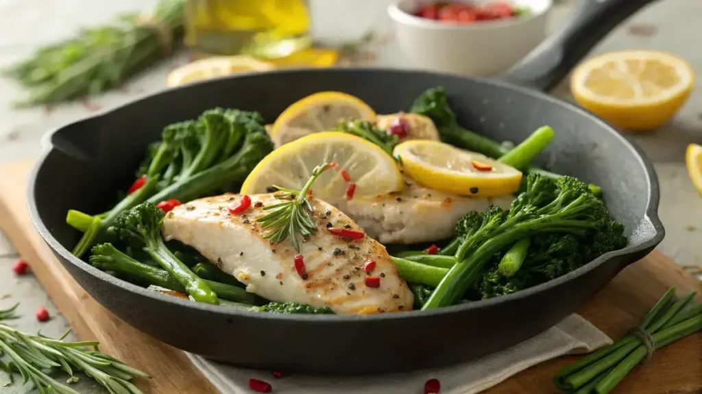 A skillet filled with lemon-seasoned chicken fillets and broccolini, garnished with lemon slices and red pepper flakes.