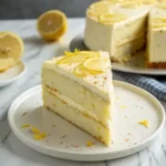 Close-up of a two-layer lemon velvet cake slice with creamy frosting and lemon zest on a white plate.