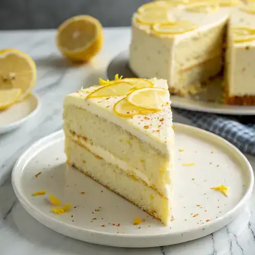 Close-up of a two-layer lemon velvet cake slice with creamy frosting and lemon zest on a white plate.