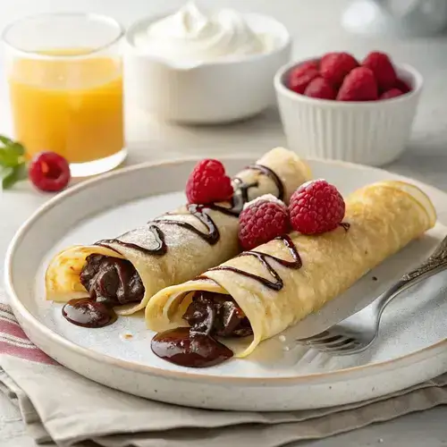 Two rolled crepes with creamy filling and chocolate ganache on a plate, surrounded by raspberries and a fork.