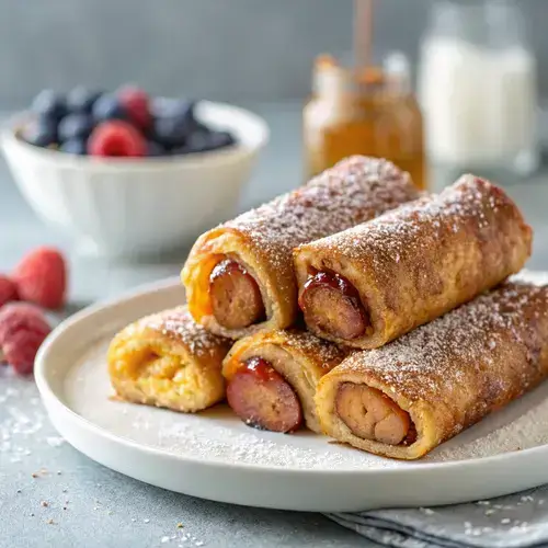 Close-up of Sausage French Toast Roll-Ups with syrup and berries on a ceramic plate.