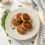 Top-down view of chicken breakfast sausage patties on a textured plate with a linen towel in the background.
