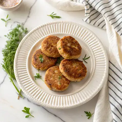 Top-down view of chicken breakfast sausage patties on a textured plate with a linen towel in the background.
