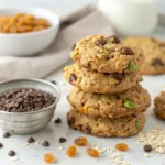 A small stainless steel bowl with extra chocolate chips and flax seeds next to a stack of oatmeal breakfast cookies.
