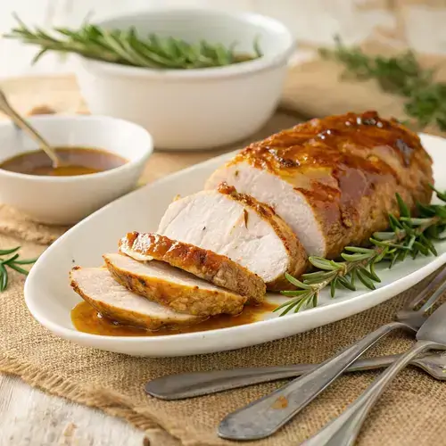Sliced turkey breast on a white plate with gravy, surrounded by fresh herbs on burlap.