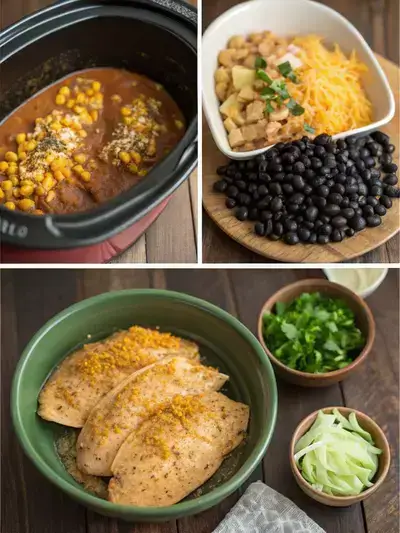 Step-by-step preparation of Crockpot Chicken Enchilada Casserole, featuring seasoned chicken, enchilada sauce, and layered tortillas.