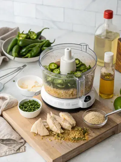 Step-by-step preparation of Jamaican Jerk Chicken, showcasing blending marinade, marinating chicken, and grilling process.