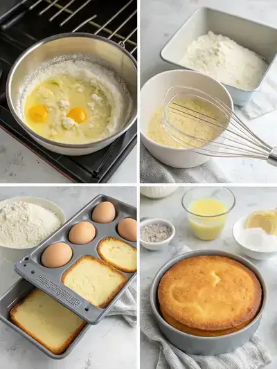 Step-by-step preparation of lemon velvet cake, divided into four sections showing the oven, mixing dry ingredients, incorporating butter, and whisking wet ingredients.