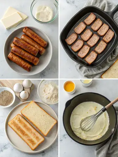 Step-by-step preparation of Sausage French Toast Roll-Ups, showcasing cooking sausages, flattening bread, making batter, and assembling roll-ups.