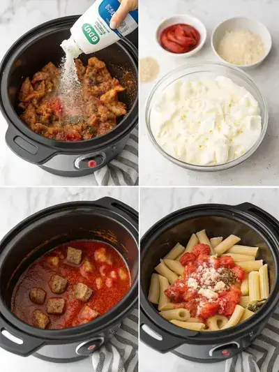 Step-by-step preparation of Slow Cooker Baked Ziti, including spraying the slow cooker, cooking sausage and onions, combining ingredients, and preparing ricotta mixture.